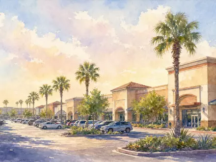 Ross Stores Inc. (US7782961038) betreibt Filialen in Einkaufszentren, hier als stimmungsvolles Aquarellbild einer Shopping-Plaza dargestellt - Foto: THN