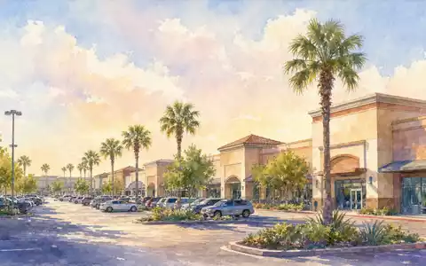 Ross Stores Inc. (US7782961038) betreibt Filialen in Einkaufszentren, hier als stimmungsvolles Aquarellbild einer Shopping-Plaza dargestellt - Foto: THN