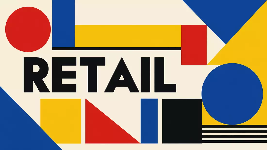 Geometrisches Bauhaus-Poster mit bunten Formen und dem Schriftzug RETAIL