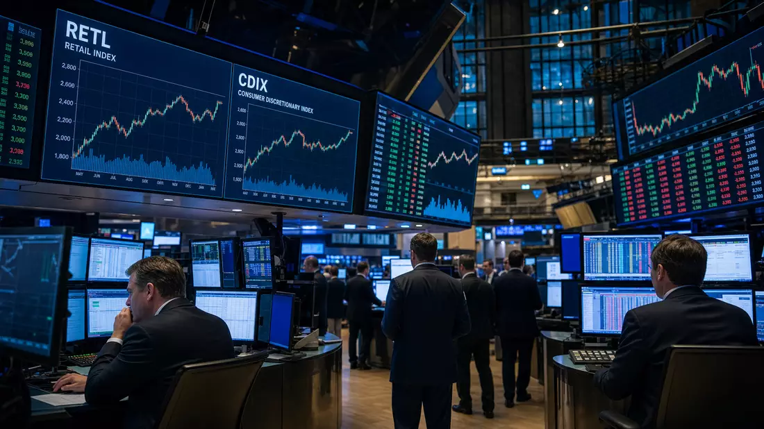 Börsen-Trading-Floor mit Bildschirmen, die Einzelhandels- und Konsumgüter-Indexcharts zeigen