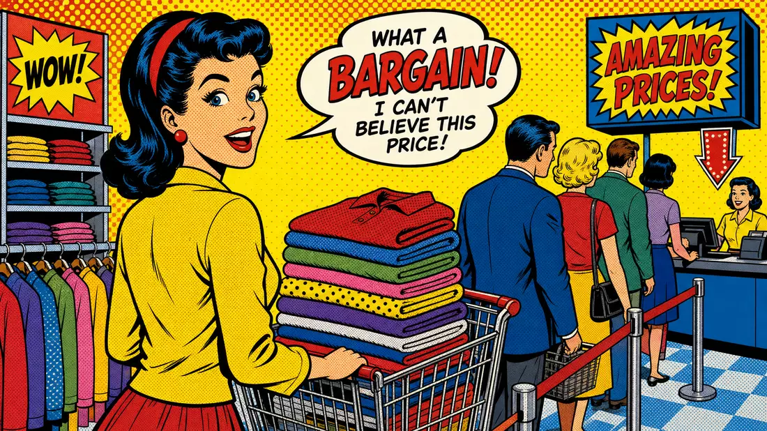 Bunte Pop-Art-Comic-Illustration einer Kundin mit Einkaufswagen an der Kassenschlange