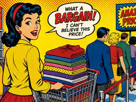 Ross Stores Inc. (US7782961038) inspiriert diese Pop-Art-Comic-Szene mit Einkaufswagen, gefalteter Kleidung und Kassenschlange - Foto: THN