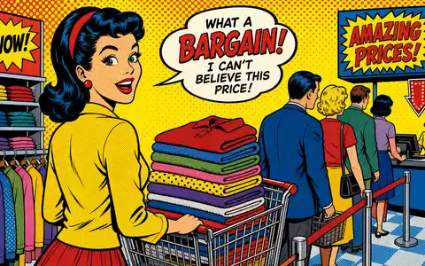 Ross Stores Inc. (US7782961038) inspiriert diese Pop-Art-Comic-Szene mit Einkaufswagen, gefalteter Kleidung und Kassenschlange - Foto: THN