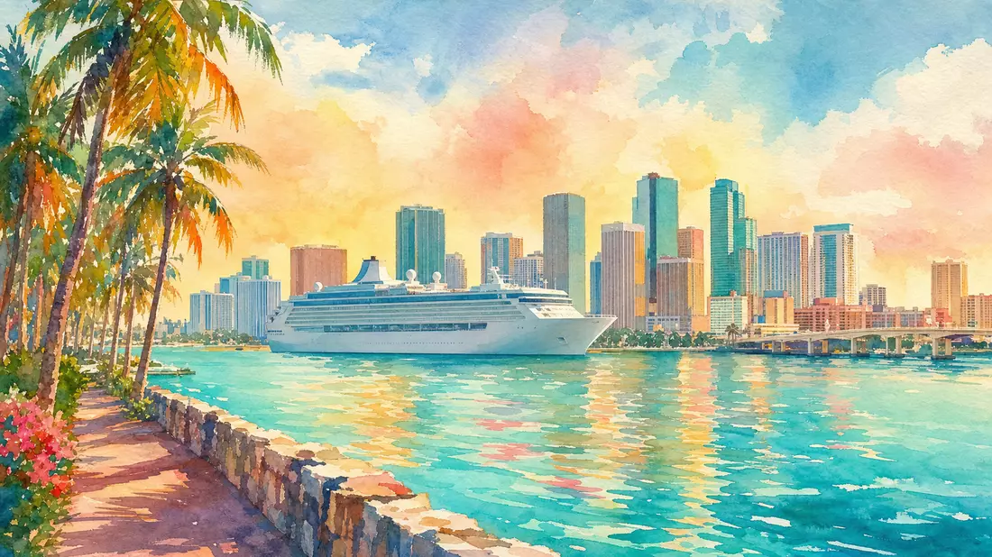 Aquarellbild von Miamis Hafen mit Palmen und einem Kreuzfahrtschiff in Pastelltönen