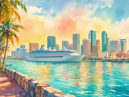 Aquarellmalerei der Skyline von Miami mit Kreuzfahrtschiff der Royal Caribbean Group, ISIN LR0008862868, pastellfarben - Foto: THN