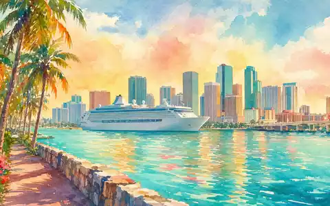 Aquarellmalerei der Skyline von Miami mit Kreuzfahrtschiff der Royal Caribbean Group, ISIN LR0008862868, pastellfarben - Foto: THN