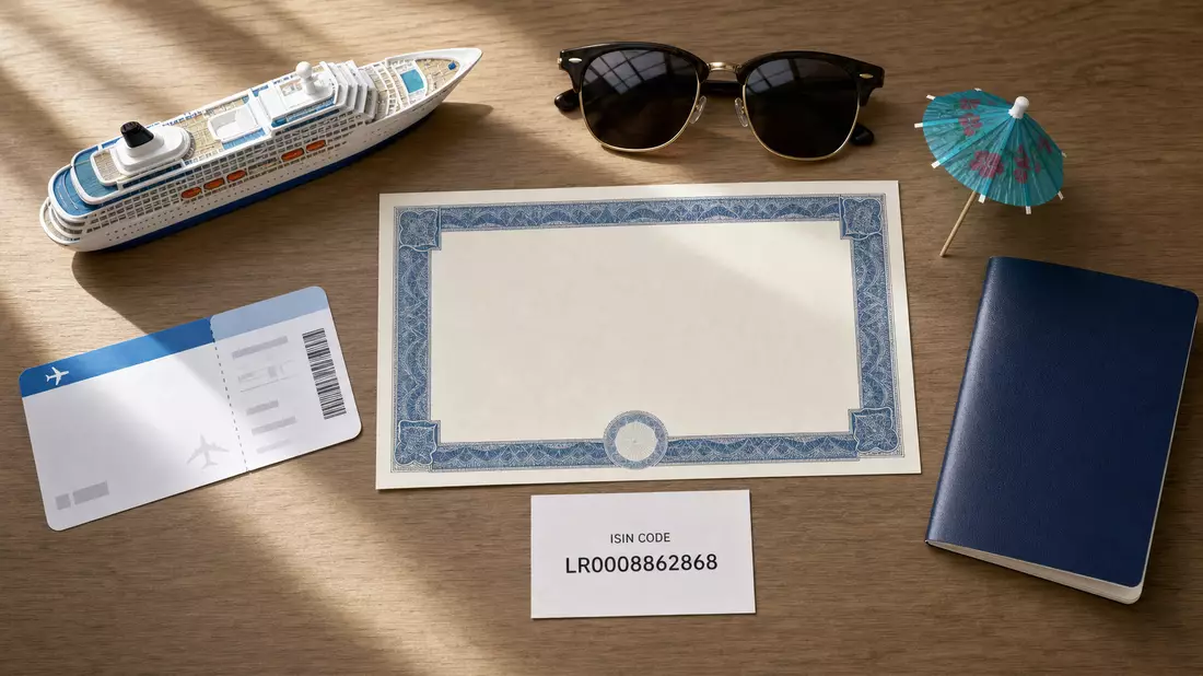 Flatlay von Aktienzertifikat, ISIN-Karte, Schiffsmodell und Reiseaccessoires auf Holztisch