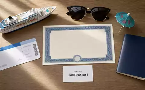 Flatlay mit Aktienzertifikat und ISIN-Karte der Royal Caribbean Group, ISIN LR0008862868, Reiseutensilien arrangiert - Foto: THN