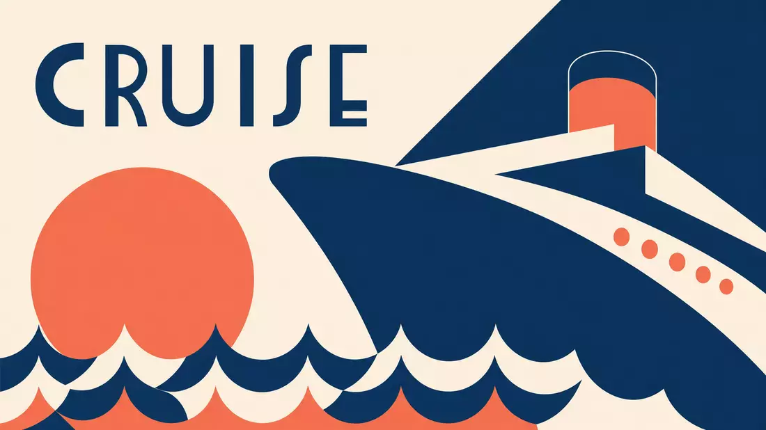 Geometrisches Bauhaus-Poster mit stilisiertem Schiff, Wellen und Schriftzug CRUISE