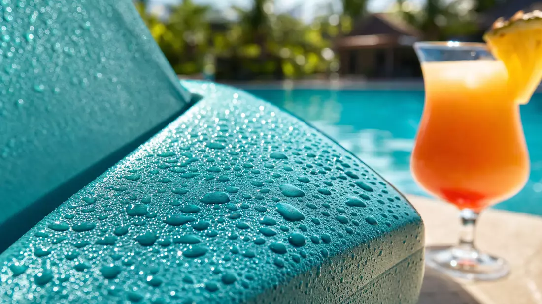 Extreme Nahaufnahme von Wassertropfen auf Liegestuhl mit tropischem Cocktail im Hintergrund