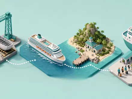 Isometrische 3D-Grafik zeigt Wertschöpfungskette der Royal Caribbean Group, ISIN LR0008862868, Werft bis Hafenankunft - Foto: THN
