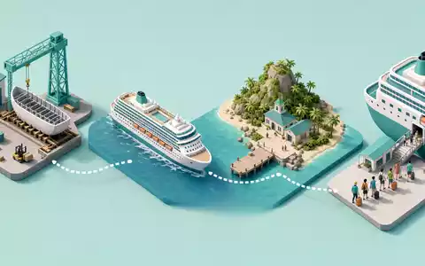 Isometrische 3D-Grafik zeigt Wertschöpfungskette der Royal Caribbean Group, ISIN LR0008862868, Werft bis Hafenankunft - Foto: THN