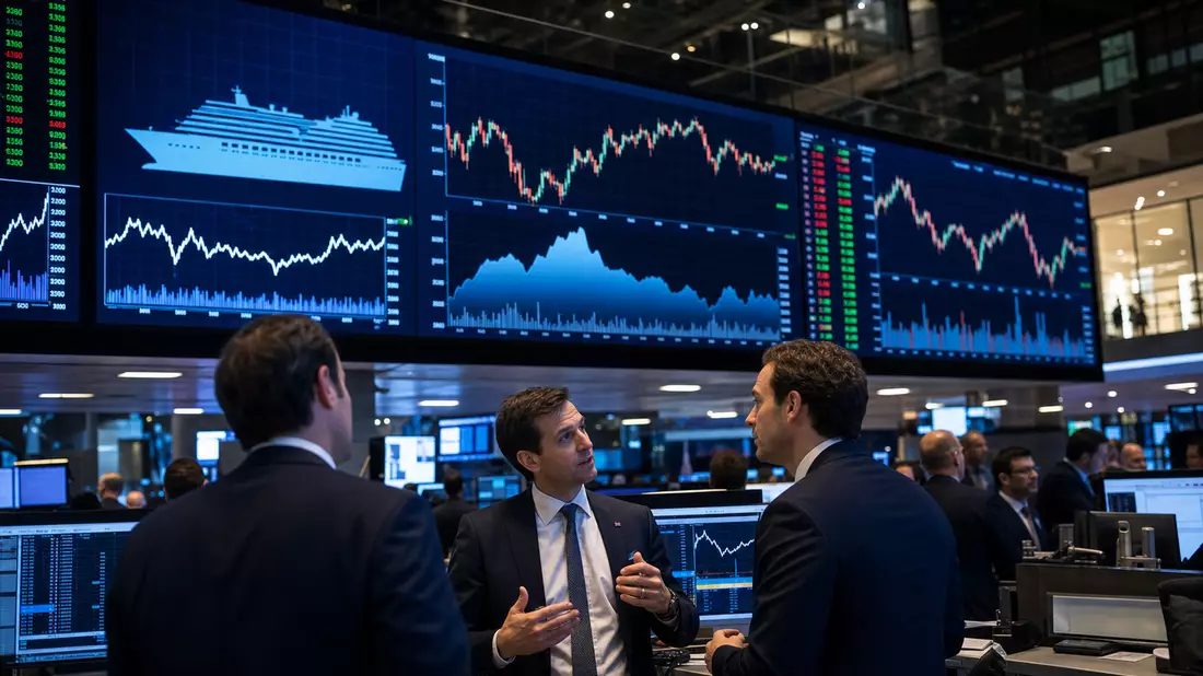 Trading-Floor mit großen Bildschirmen, Aktiencharts und Silhouette eines Kreuzfahrtschiffs