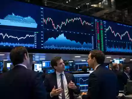 Börsen-Editorial zeigt Trading-Floor mit Charts der Royal Caribbean Group, ISIN LR0008862868, Händler im Gespräch - Foto: THN