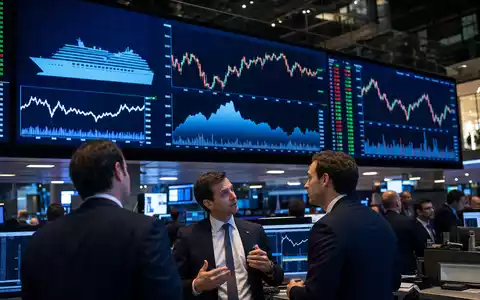 Börsen-Editorial zeigt Trading-Floor mit Charts der Royal Caribbean Group, ISIN LR0008862868, HÀndler im GesprÀch - Foto: THN