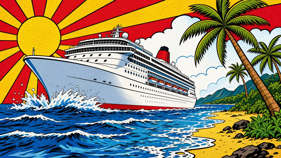Buntes Pop-Art-Comic mit Kreuzfahrtschiff, Palmen und Wellen im Retro-Stil
