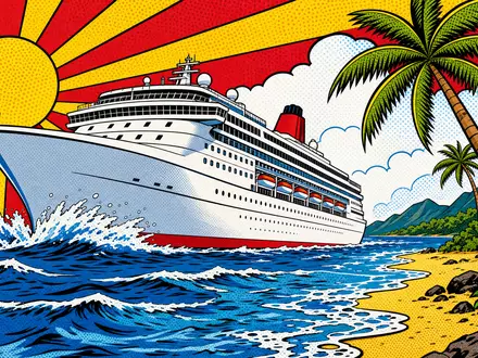 Pop-Art-Comic-Szene der Royal Caribbean Group zeigt Kreuzfahrtschiff vor Karibikstrand, ISIN LR0008862868, knallige Farben - Foto: THN