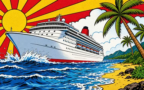 Pop-Art-Comic-Szene der Royal Caribbean Group zeigt Kreuzfahrtschiff vor Karibikstrand, ISIN LR0008862868, knallige Farben - Foto: THN