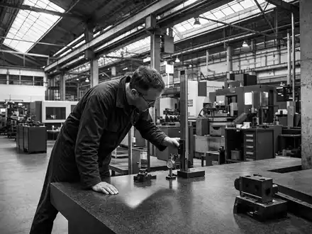 Schwarzweiß-Reportagefoto illustriert Roper Technologies, ISIN US7766961061, Techniker prüft präzises Messgerät in großer Fabrikhalle - Foto: THN
