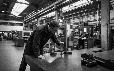 Schwarzweiß-Reportagefoto illustriert Roper Technologies, ISIN US7766961061, Techniker prüft präzises Messgerät in großer Fabrikhalle - Foto: THN