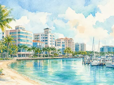 Aquarellbild repräsentiert Roper Technologies, ISIN US7766961061, sonnige Küstenstadt mit Bürogebäuden nahe Sarasota Florida - Foto: THN