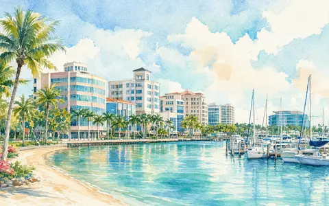 Aquarellbild repräsentiert Roper Technologies, ISIN US7766961061, sonnige Küstenstadt mit Bürogebäuden nahe Sarasota Florida - Foto: THN