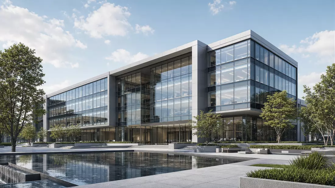 3D-Render eines modernen Glas-Bürogebäudes mit Wasserbecken und Grünanlage
