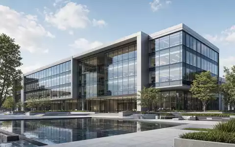 Architektur-Render visualisiert Roper Technologies, ISIN US7766961061, modernes BĂŒrogebĂ€ude mit Glasfassade und Wasserbecken - Foto: THN