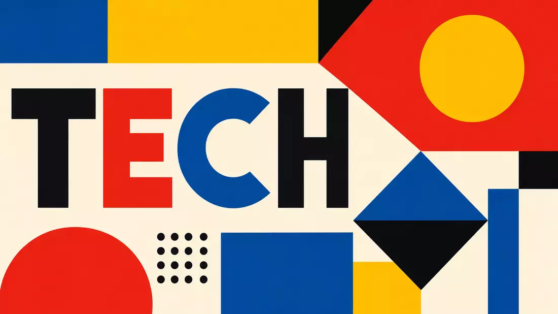 Geometrisches Bauhaus-Poster mit Kreisen, Dreiecken und dem Wort TECH in Primärfarben