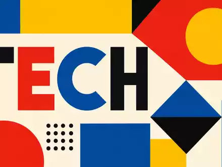 Bauhaus-Poster symbolisiert Roper Technologies, ISIN US7766961061, geometrische Formen und Schriftzug TECH in Primärfarben - Foto: THN