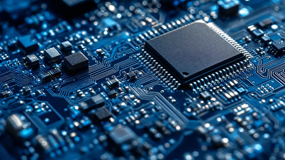 Extreme Makroaufnahme einer Leiterplatte mit Mikrochip und Lötpunkten in Blautönen