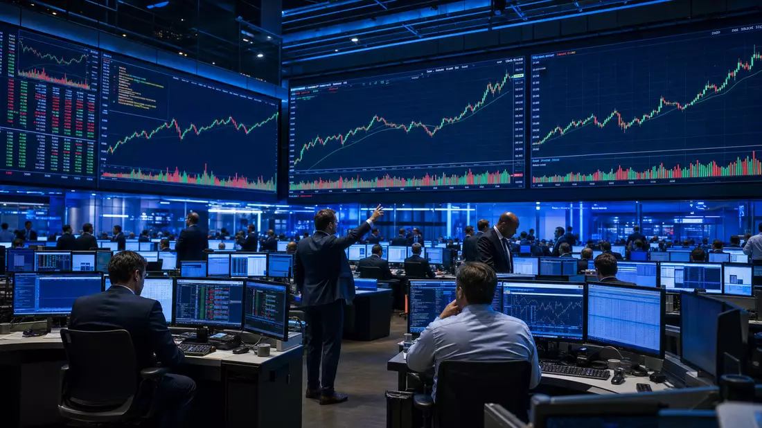 Trading-Floor mit großen Bildschirmen und ansteigenden Aktienkurscharts in Blautönen