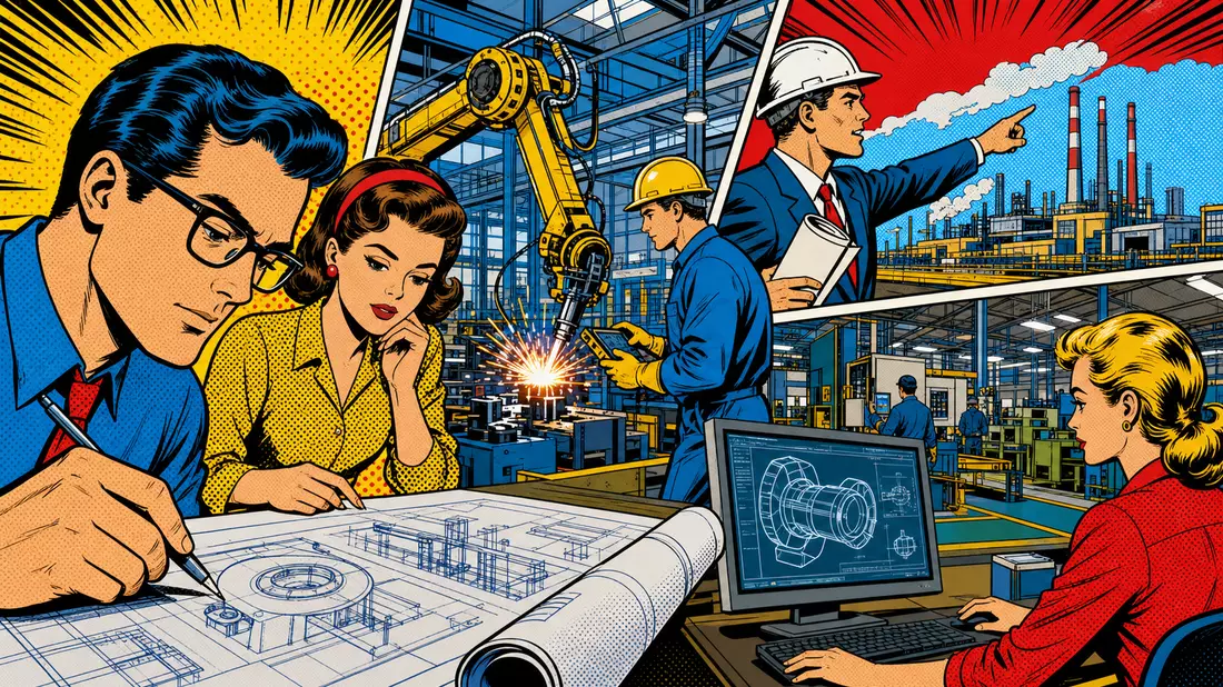 Bunte Pop-Art-Comicszene mit Ingenieuren, Roboterarm und Fabrikanlage