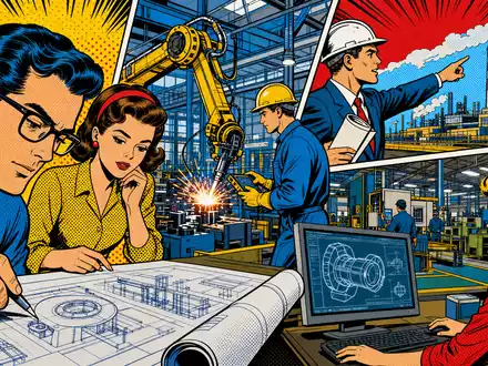 Pop-Art-Comic illustriert Roper Technologies, ISIN US7766961061, stilisierte Szene mit Ingenieuren und Fabrikmaschinen in Comicoptik - Foto: THN