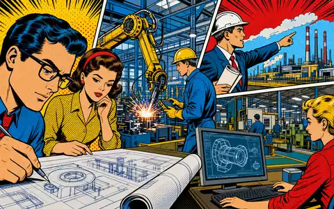 Pop-Art-Comic illustriert Roper Technologies, ISIN US7766961061, stilisierte Szene mit Ingenieuren und Fabrikmaschinen in Comicoptik - Foto: THN