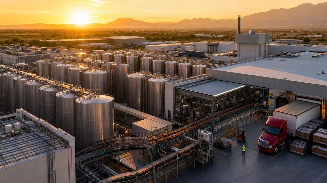 Fotorealistisches Luftbild einer modernen Getränkebrauerei bei Sonnenuntergang