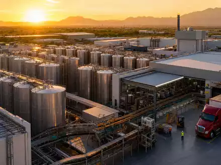 Constellation Brands Brauerei in Mexiko mit Gärtanks und großem Verladedock bei Sonnenuntergang US21036P1084 - Foto: THN