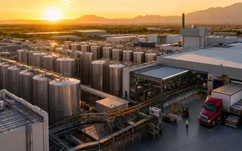 Constellation Brands Brauerei in Mexiko mit Gärtanks und großem Verladedock bei Sonnenuntergang US21036P1084 - Foto: THN