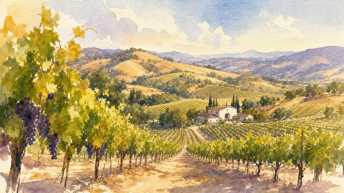 Aquarellillustration eines sonnigen Weinbergs in Kalifornien mit kleinem Weingut