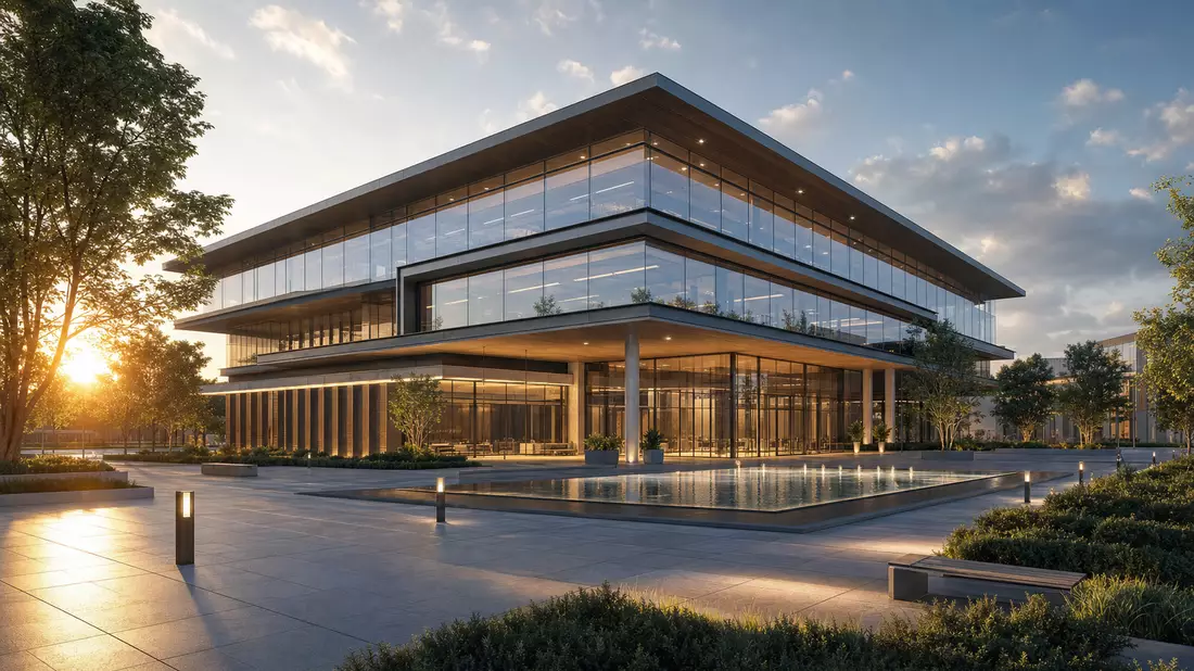 Architekturrendering eines modernen Glasgebäudes mit Wasserspiel und Begrünung