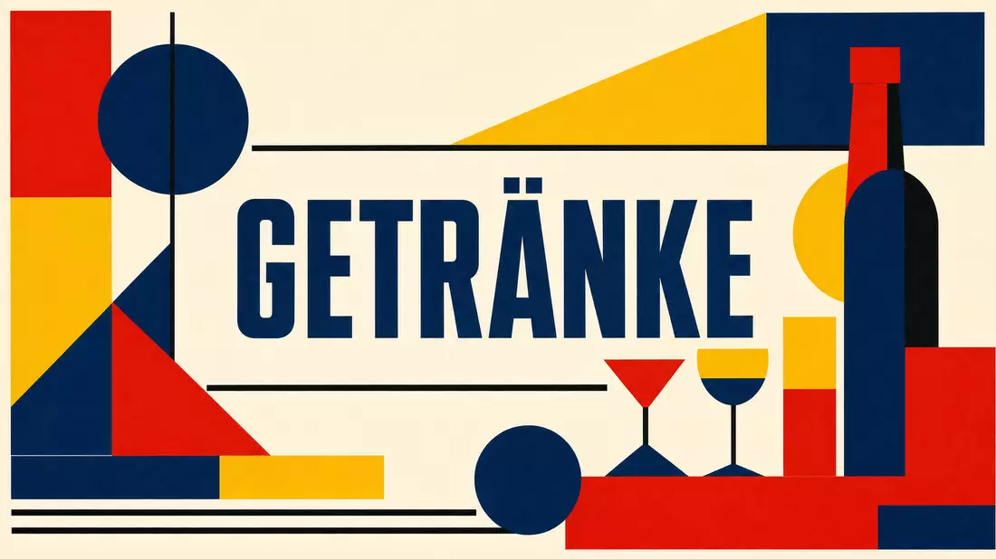 Bauhaus-Poster mit Schriftzug GETRÄNKE und abstrakten Flaschen-Glasformen in Primärfarben