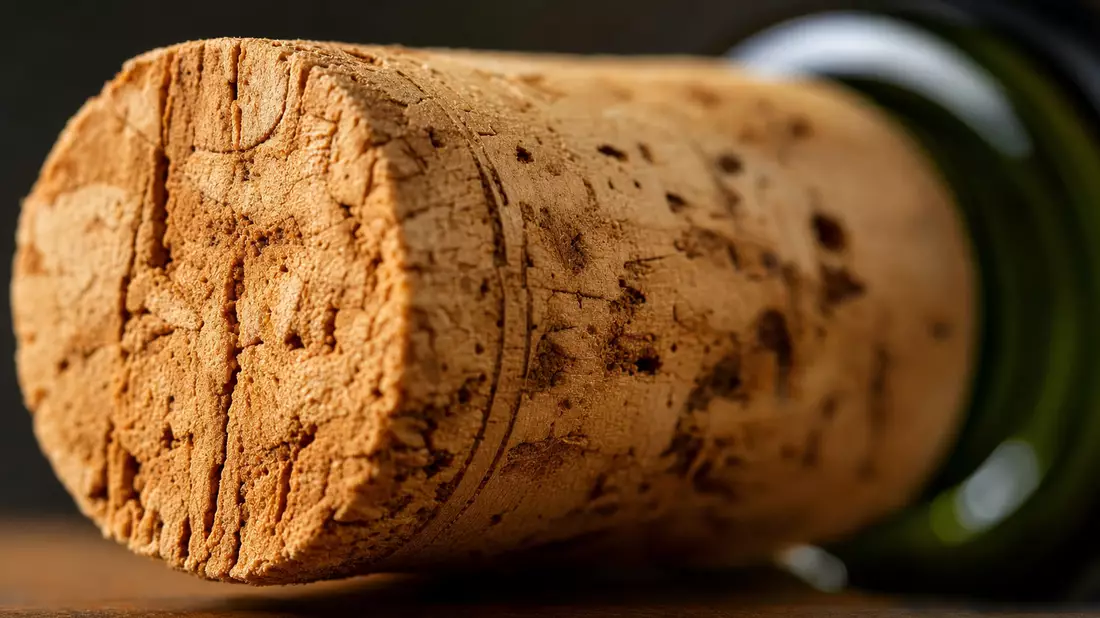 Extreme Makroaufnahme eines Weinkorken mit sichtbarer Zellstruktur und verschwommener grüner Flasche