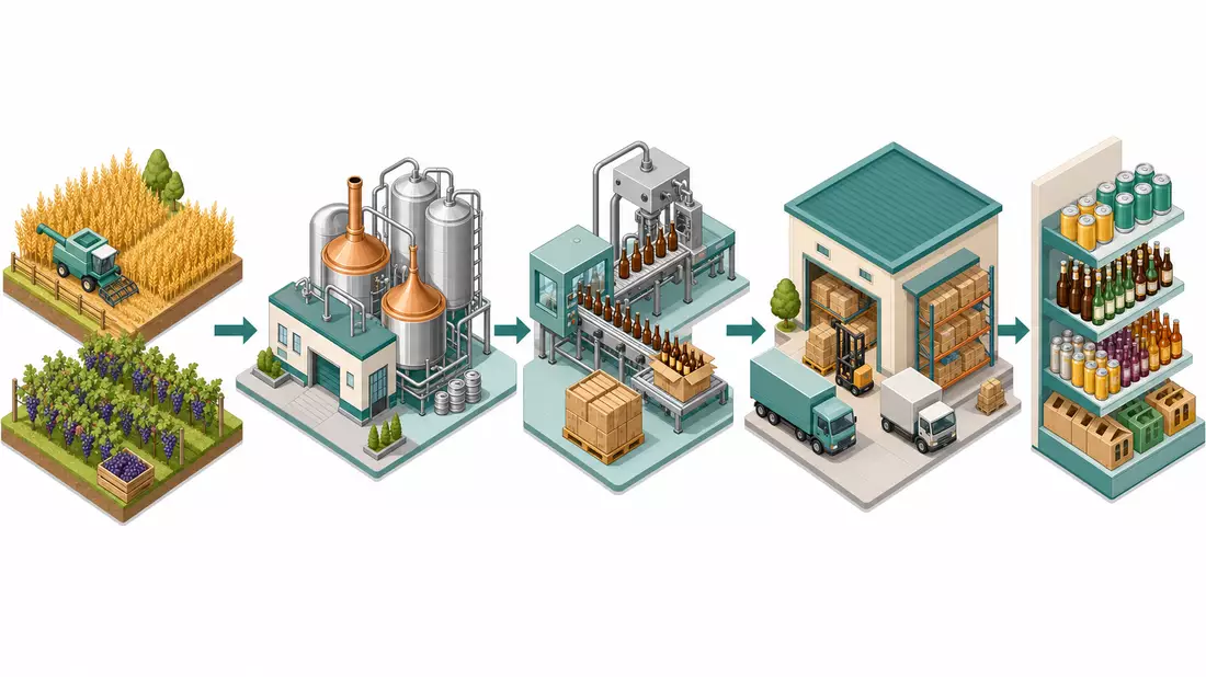 Isometrisches 3D-Diagramm der Getränkelieferkette von Anbau über Produktion bis zum Handel