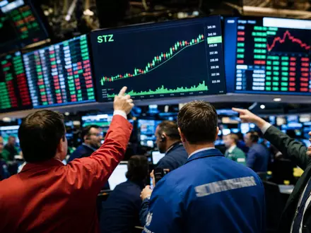 Constellation Brands NYSE-Handelssaal mit aktiven Tradern und STZ-Kurschart auf großen Bildschirmen US21036P1084 - Foto: THN
