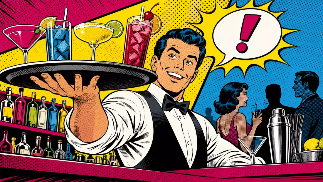Pop-Art-Comicszene mit Barkeeper und farbenfrohen Cocktails auf einem Tablett, Ben-Day-Muster