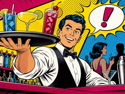 Constellation Brands Pop-Art-Comic fröhlicher Barkeeper serviert bunte Cocktails mit Halbton-Muster und Retrostil US21036P1084 - Foto: THN