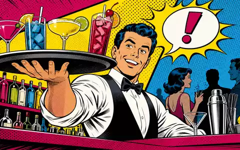Constellation Brands Pop-Art-Comic fröhlicher Barkeeper serviert bunte Cocktails mit Halbton-Muster und Retrostil US21036P1084 - Foto: THN