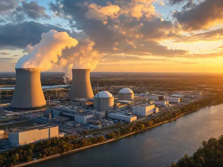 Constellation Energy Kernkraftwerk US21037T1097 mit Kühltürmen bei goldenem Sonnenuntergang am großen Fluss - Foto: THN