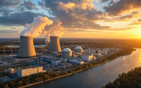 Constellation Energy Kernkraftwerk US21037T1097 mit Kühltürmen bei goldenem Sonnenuntergang am großen Fluss - Foto: THN