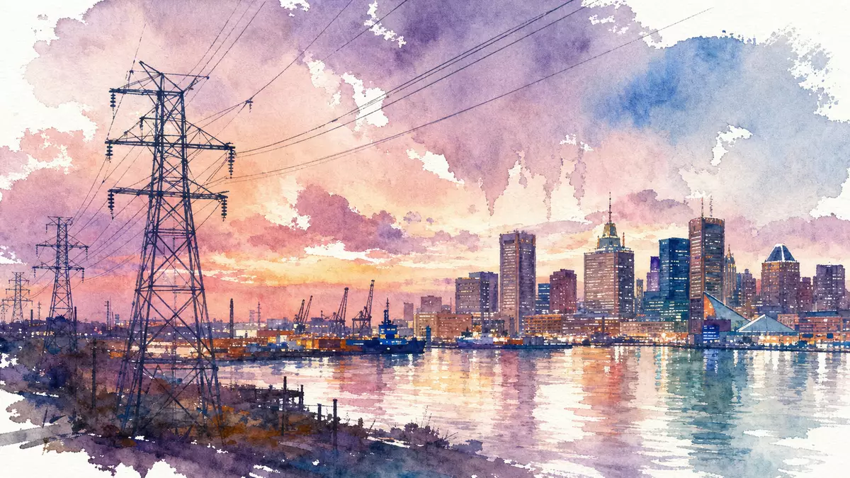 Aquarellillustration der Baltimore Hafenstadt mit Strommasten bei Dämmerung